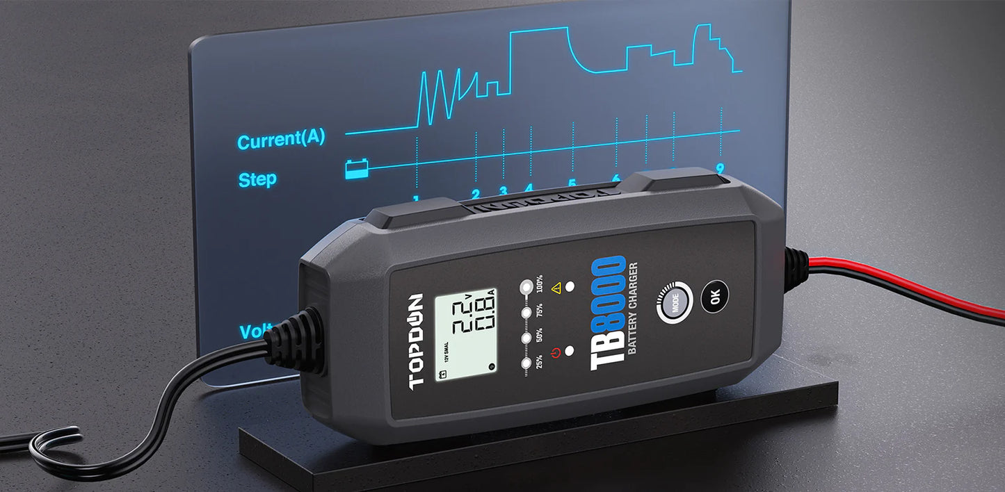TOPDON TB8000 – Chargeur Intelligent 6V/12V (15–260Ah, 8A) | GreenMotor